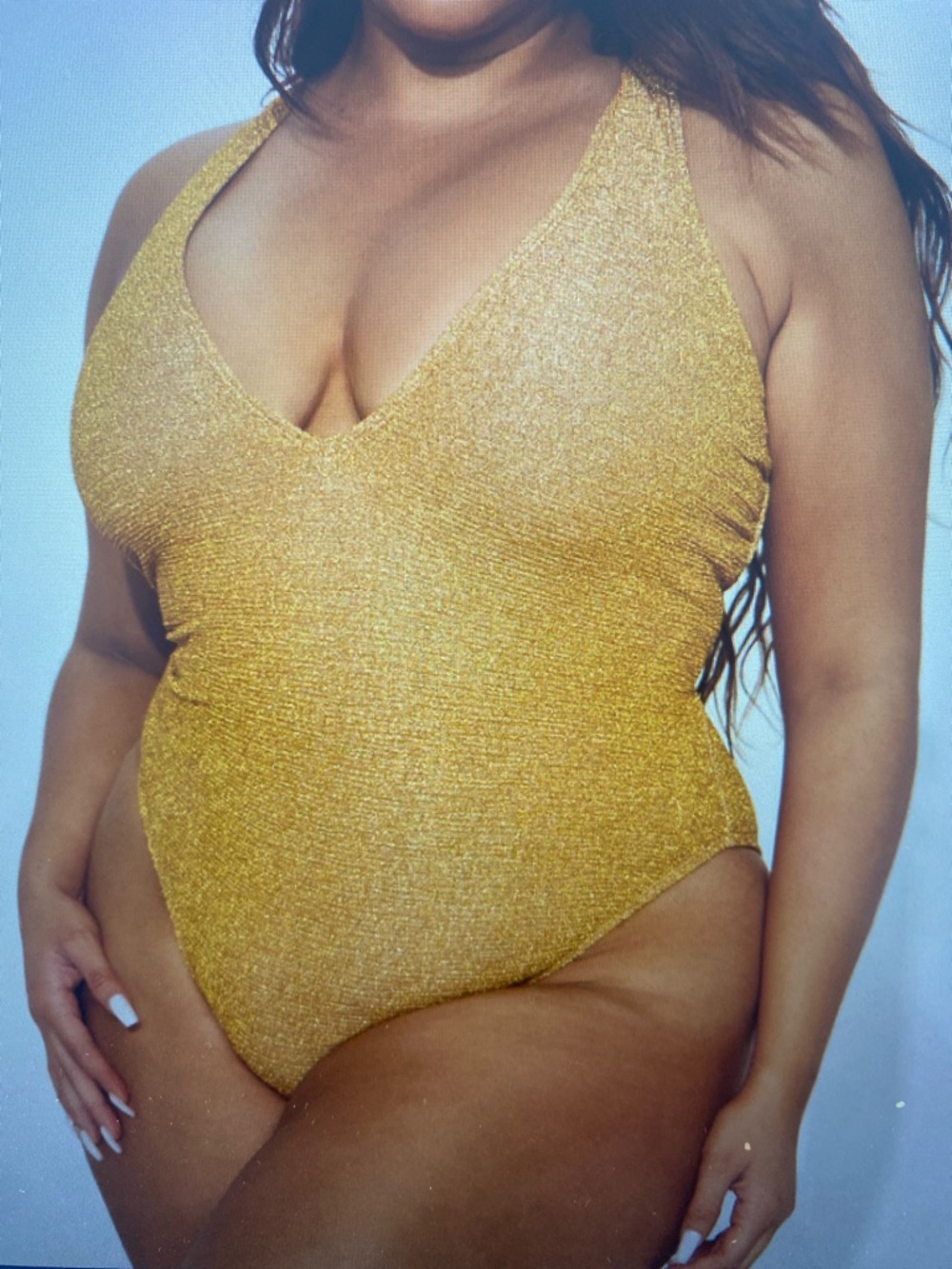 NWT Fashion Nova Golden Goddess Shimmer Plunge One-Piece Swimsuit-Copper